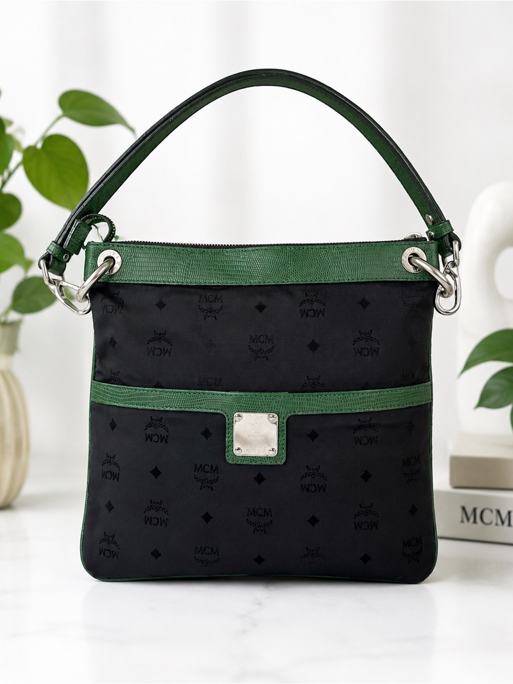 MCM Black Monogram Nylon Shoulder Bag Green Leather Trim | Vintage